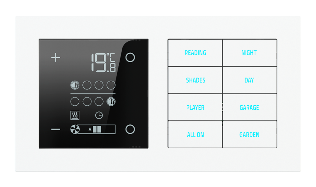 Ekinex 20venti · Room thermostat and 8-fold pushbutton with backlit text/symbols and proximity sensor for 2-fold plate · Управление климатом