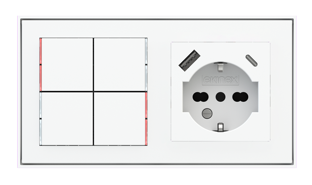 Ekinex 71 · Pushbutton with thermostat and socket point for 2-fold plate (60x55 mm module) - IT USB · Управление климатом