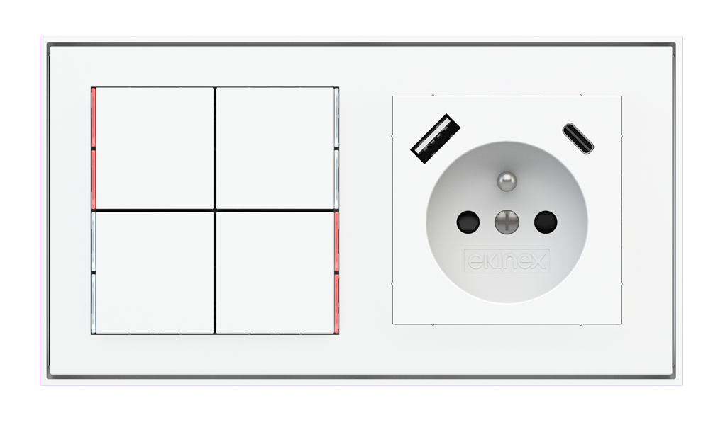 Ekinex 71 · Pushbutton with thermostat and socket point for 2-fold plate (60x55 mm module) - FR USB · Управление климатом